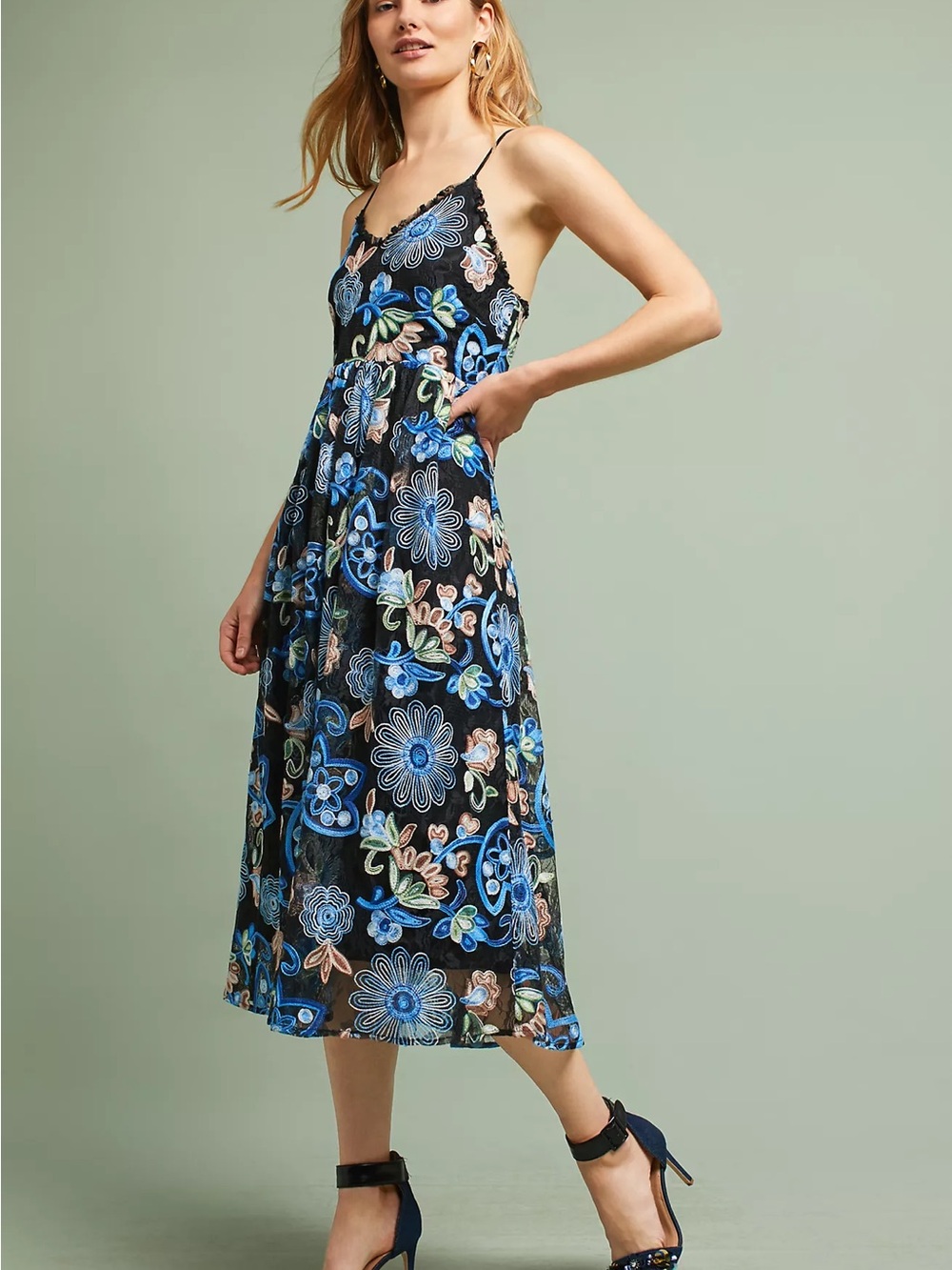 Anthropologie - Eri + Ali - Black Floral Embroidered Spaghetti Strap Dress - Picture 2 of 7